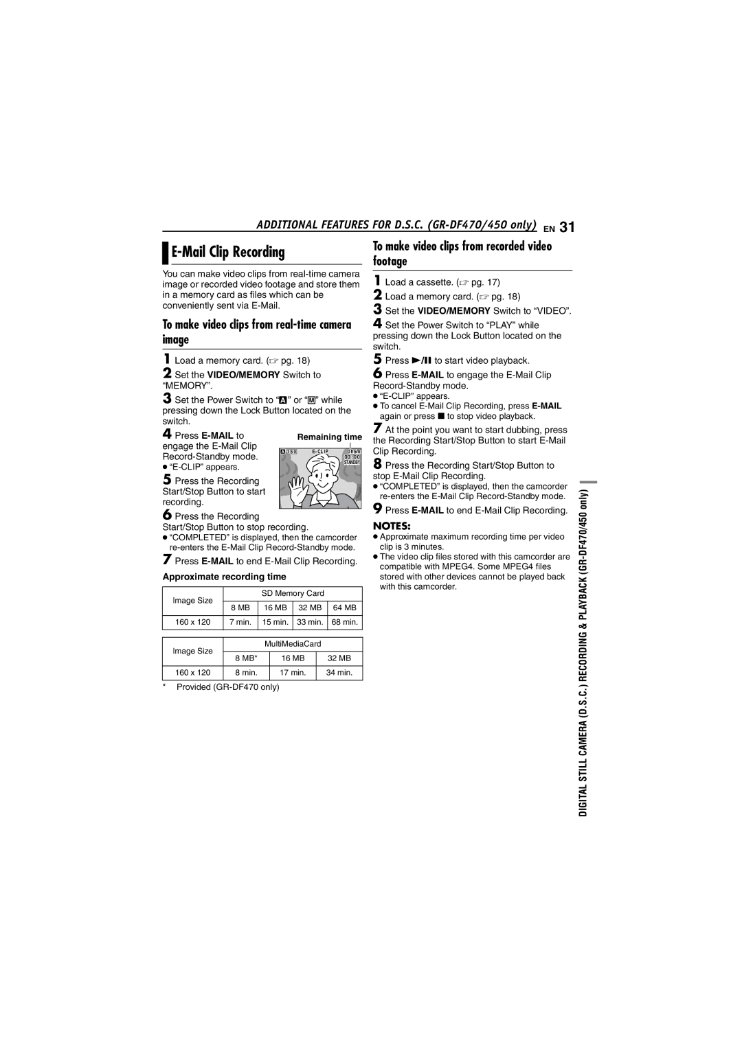 JVC GR-DF450 instruction manual Mail Clip Recording, To make video clips from real-time camera image 