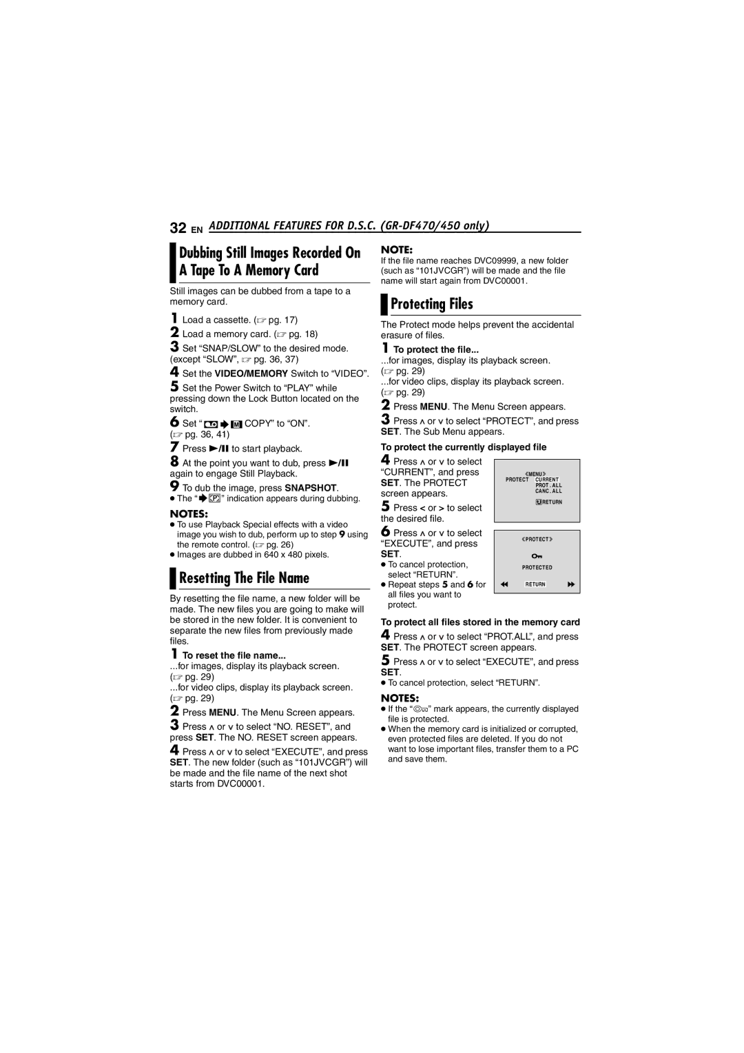 JVC GR-DF450 instruction manual Protecting Files, Resetting The File Name 