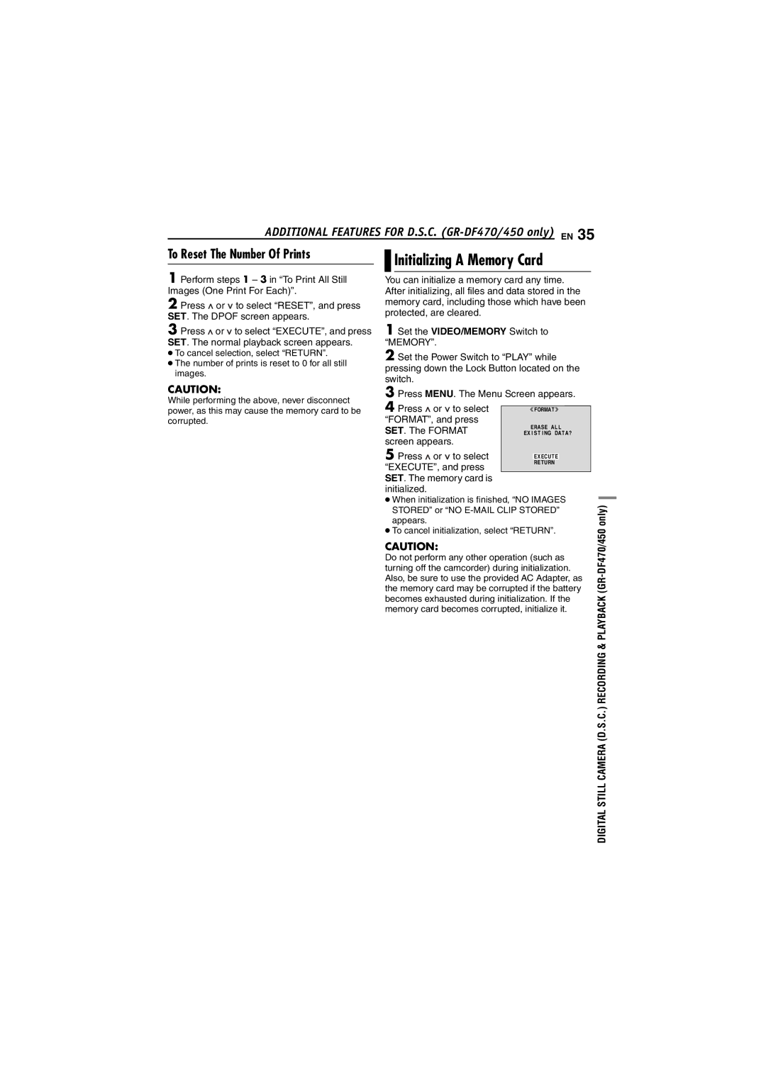 JVC GR-DF450 instruction manual Initializing a Memory Card, To Reset The Number Of Prints 