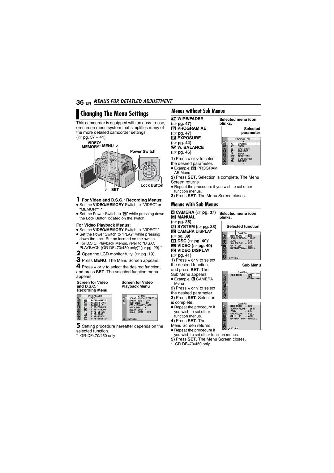 JVC GR-DF450 Menus without Sub Menus, Menus with Sub Menus, WIPE/FADER  pg Program AE  pg Exposure  pg Balance  pg 