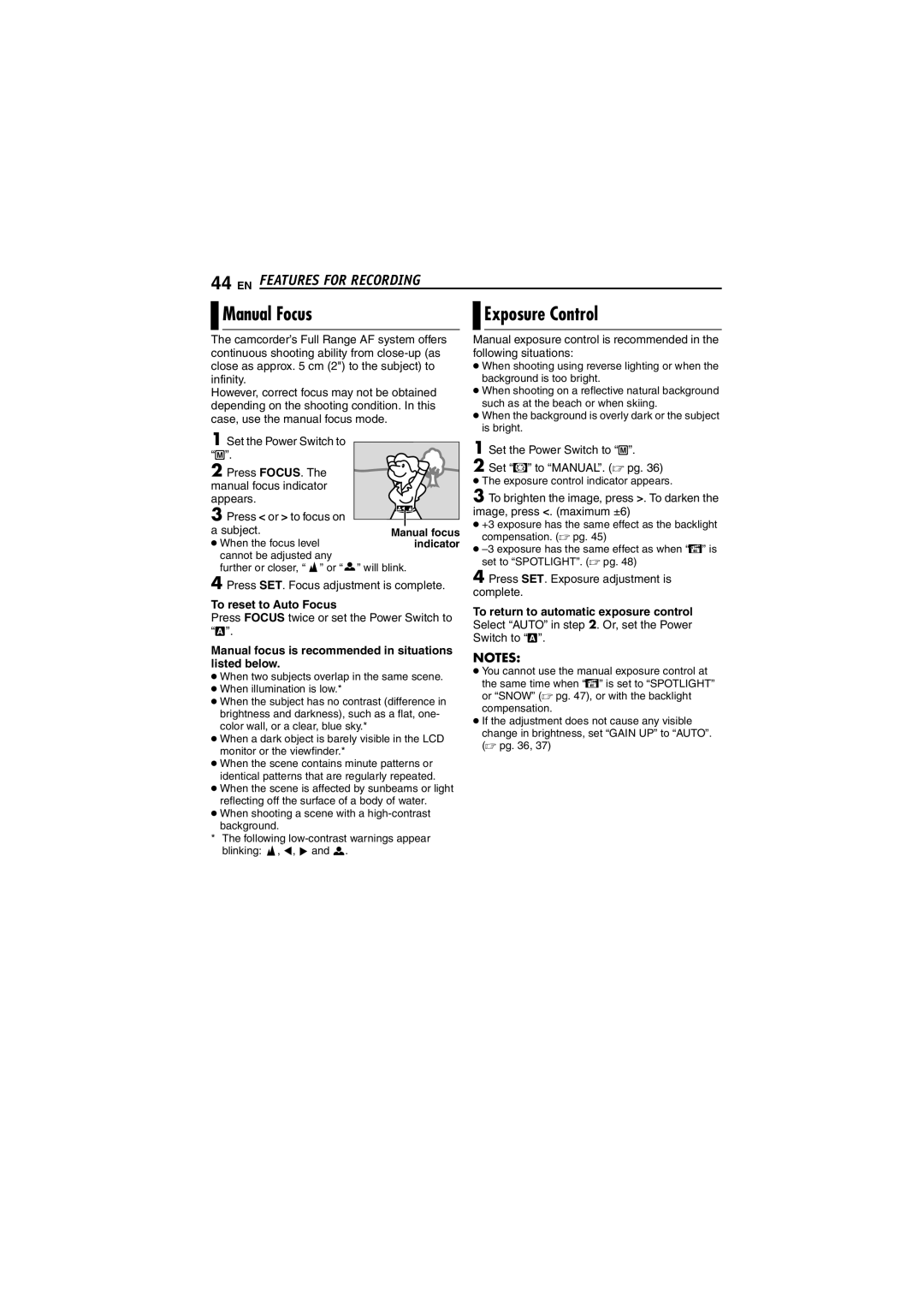 JVC GR-DF450 Manual Focus, To reset to Auto Focus, Manual focus is recommended in situations listed below 