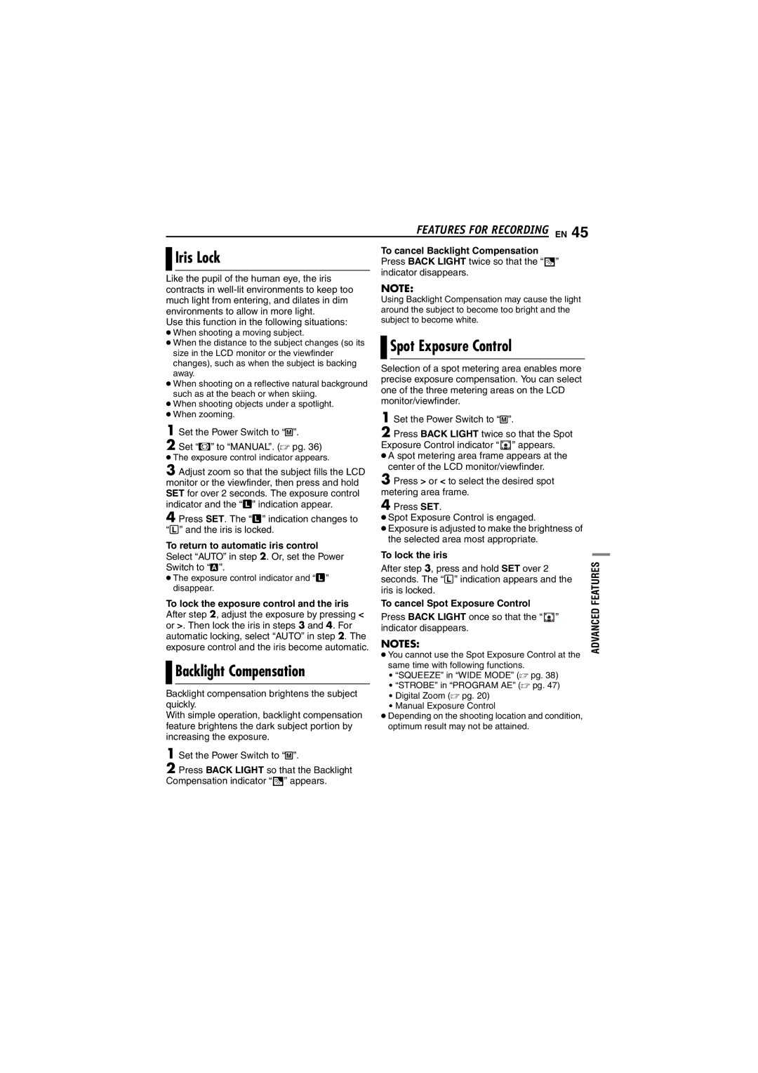 JVC GR-DF450 instruction manual Iris Lock, Spot Exposure Control, Backlight Compensation 