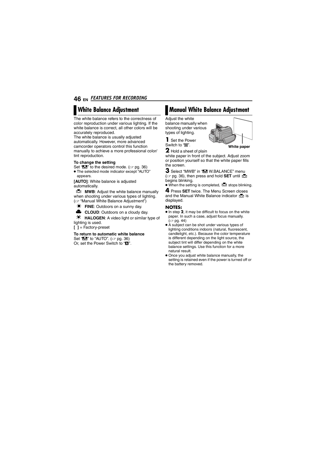 JVC GR-DF450 instruction manual White Balance Adjustment, To change the setting, To return to automatic white balance 