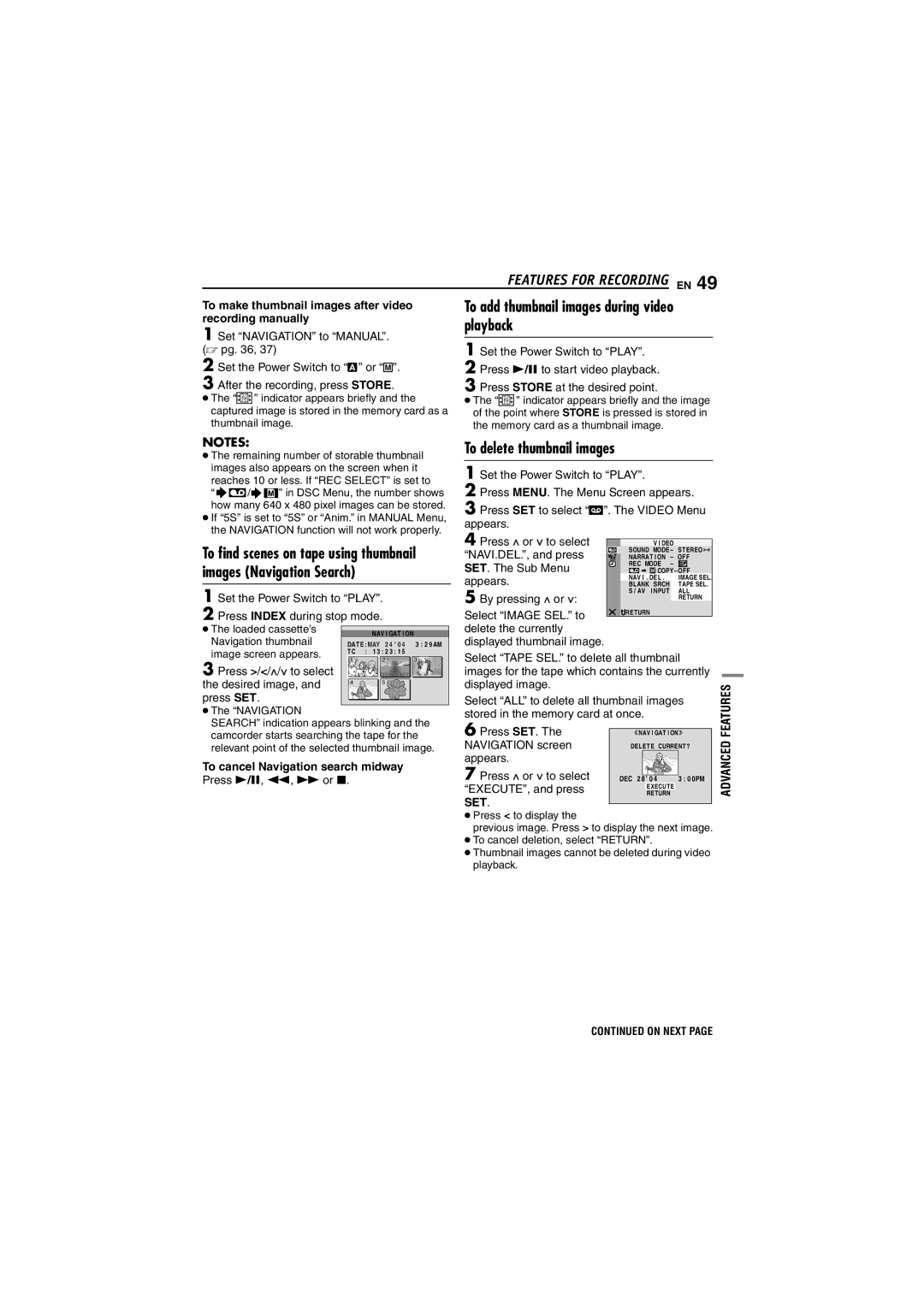 JVC GR-DF450 Playback, To delete thumbnail images, To make thumbnail images after video, Recording manually 