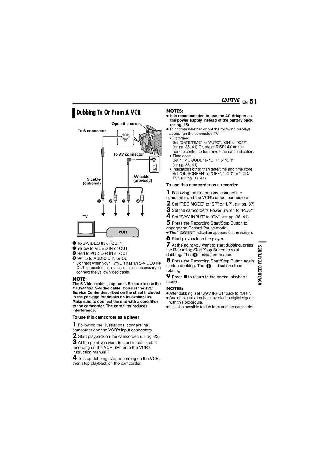 JVC GR-DF450 Dubbing To Or From a VCR, To use this camcorder as a recorder, To use this camcorder as a player 