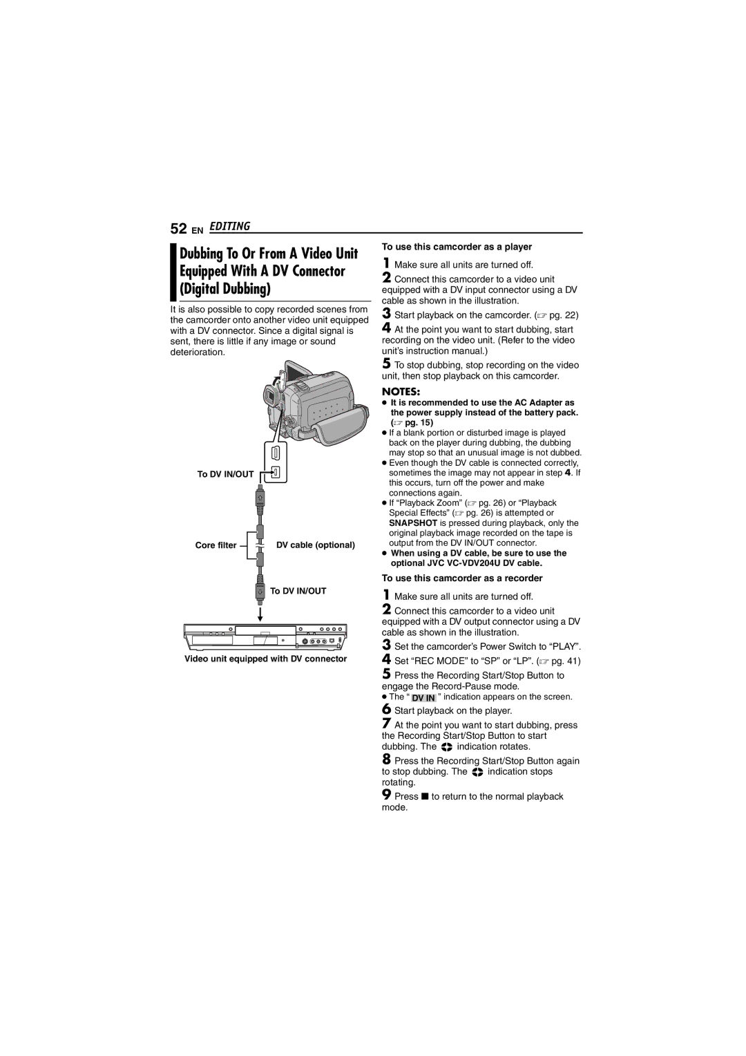 JVC GR-DF450 instruction manual Digital Dubbing, Equipped With a DV Connector 