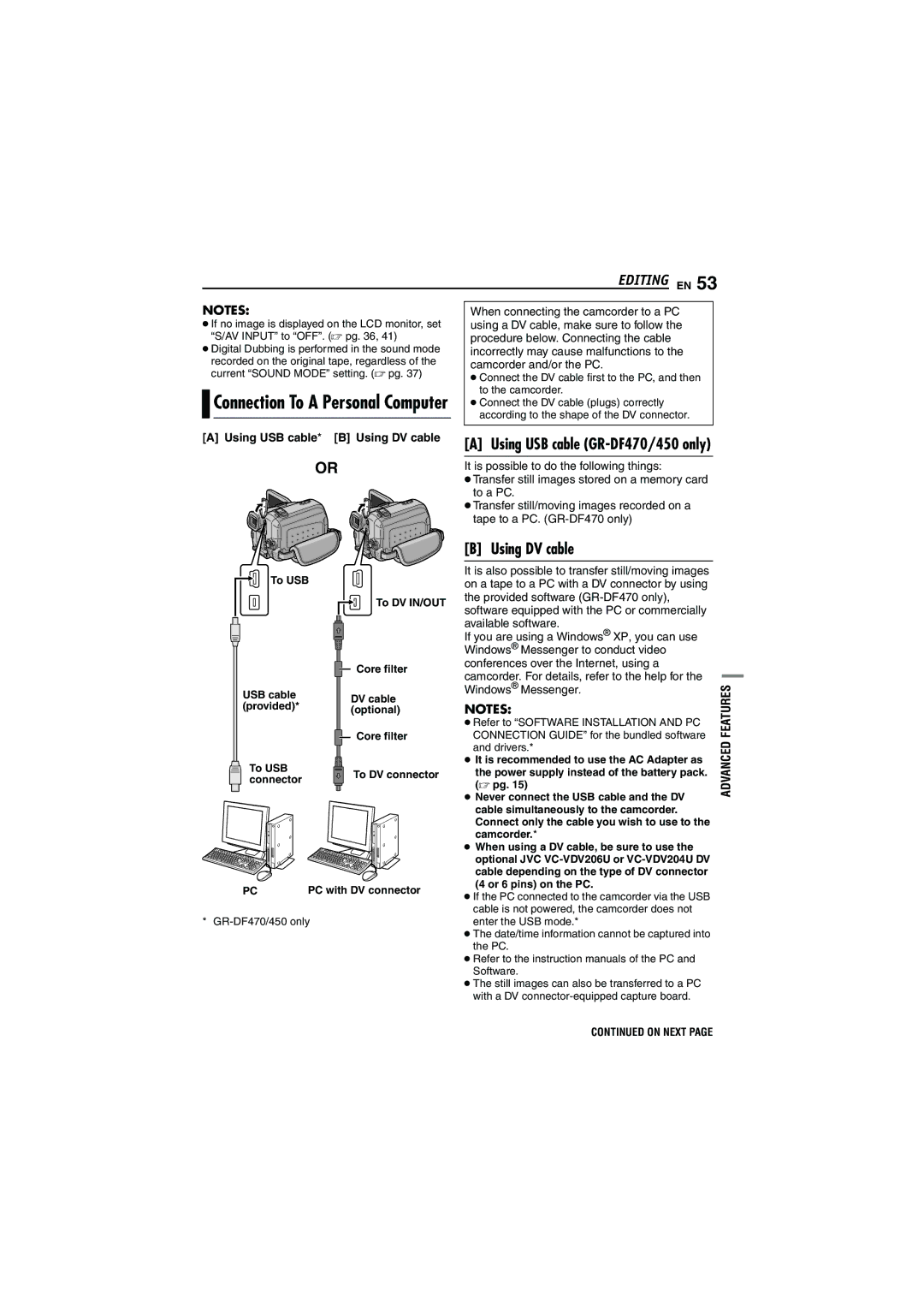 JVC GR-DF450 instruction manual Using USB cable* B Using DV cable 