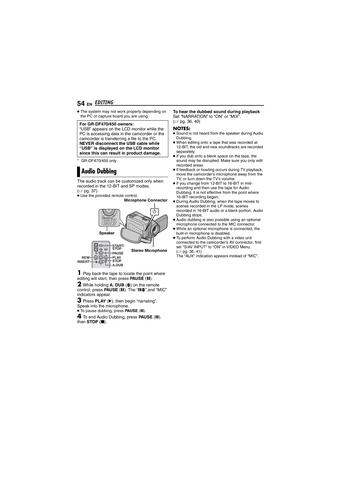 JVC GR-DF450 instruction manual Audio Dubbing, For GR-DF470/450 owners, To hear the dubbed sound during playback 