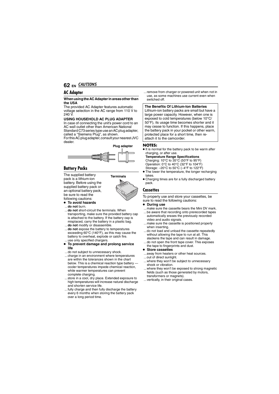 JVC GR-DF450 instruction manual AC Adapter, Battery Packs, Cassettes 