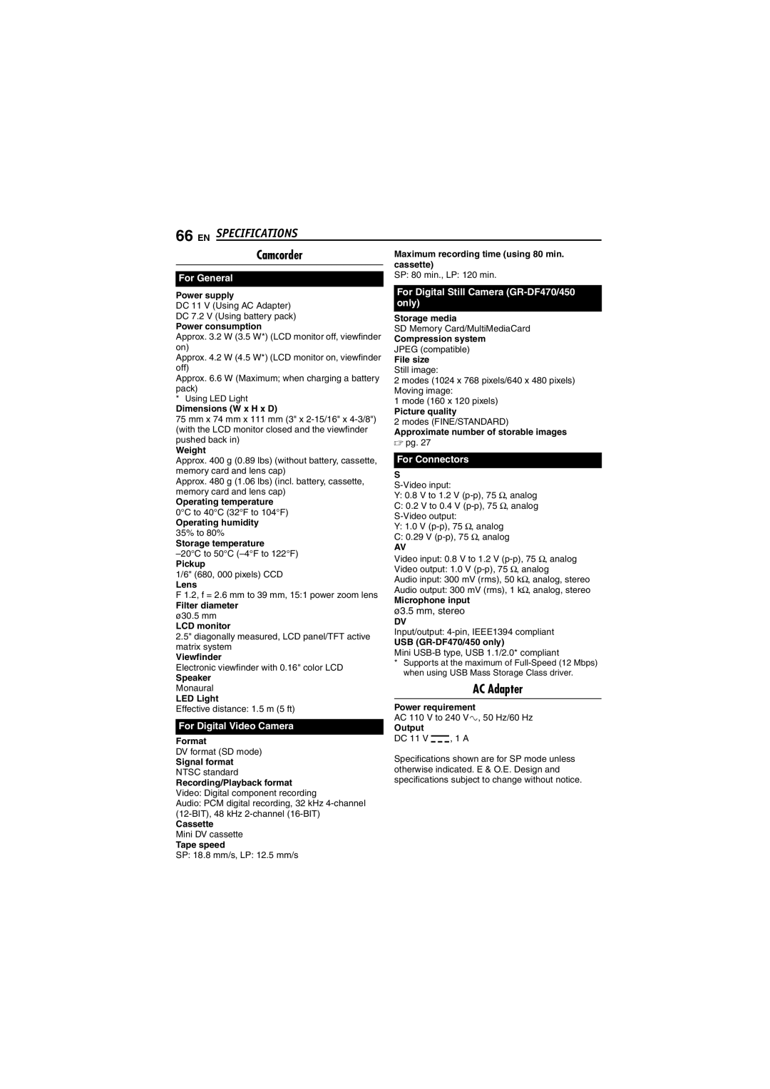 JVC GR-DF450 instruction manual Camcorder, Ø3.5 mm, stereo 