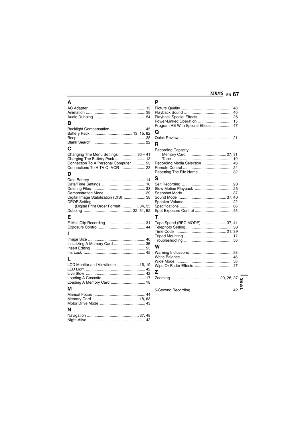 JVC GR-DF450 instruction manual Recording Capacity, Dpof Setting, Tape Speed REC Mode, LCD Monitor and Viewfinder, 20, 26 