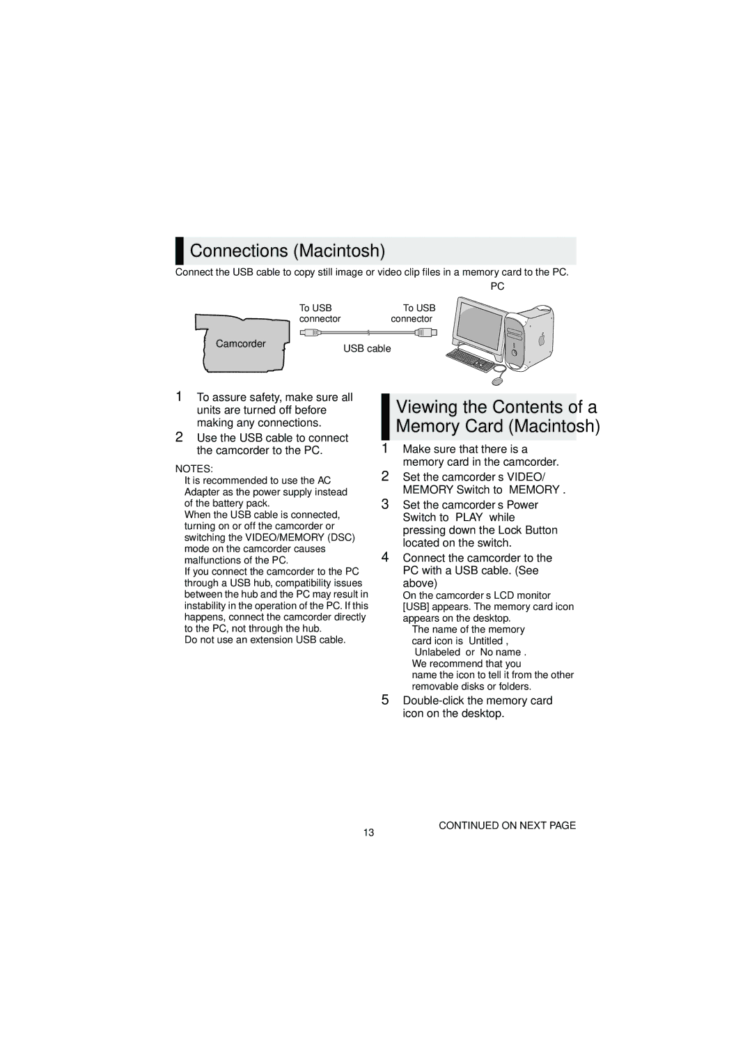 JVC GR-DF450 instruction manual Connections Macintosh, Viewing the Contents of a Memory Card Macintosh 