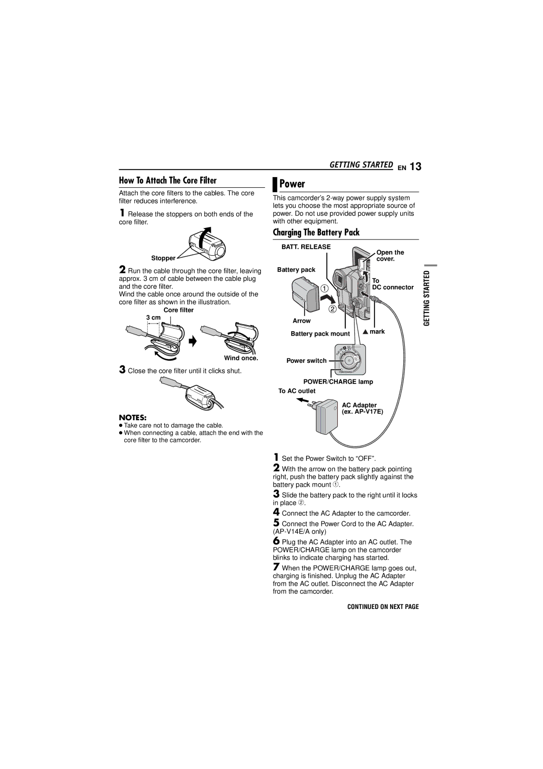 JVC GR-DF473 Power, How To Attach The Core Filter, Charging The Battery Pack, Close the core filter until it clicks shut 