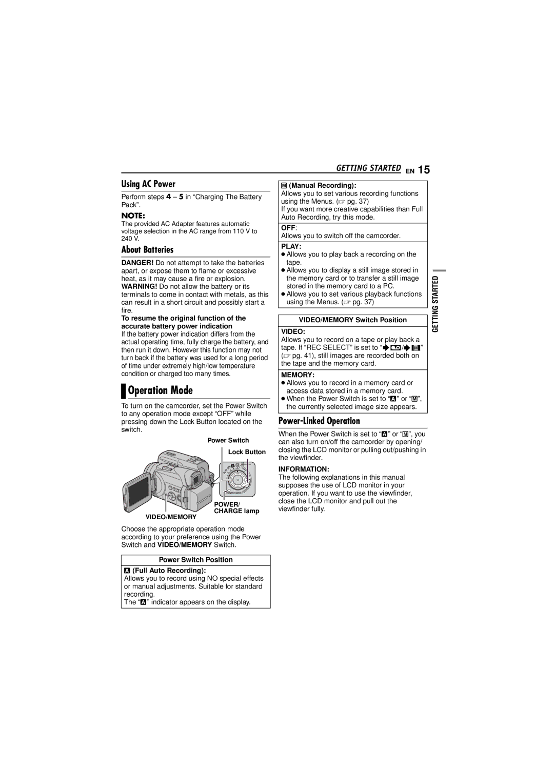 JVC GR-DF473, GR-DF573 instruction manual Operation Mode, Using AC Power, About Batteries, Power-Linked Operation 