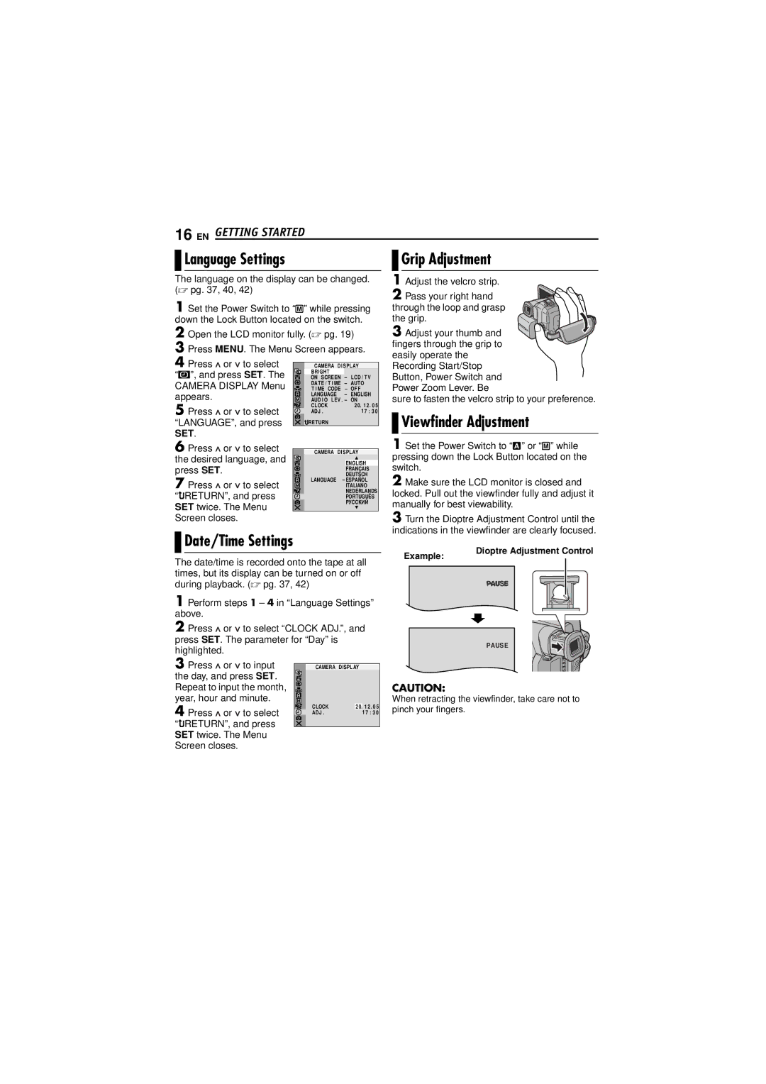 JVC GR-DF573, GR-DF473 instruction manual Grip Adjustment, Viewfinder Adjustment, Language Settings, Date/Time Settings 