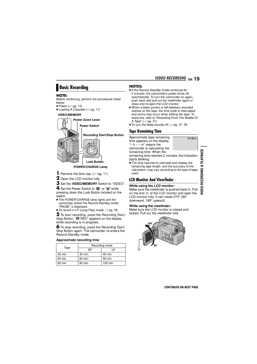 JVC GR-DF473, GR-DF573 instruction manual Basic Recording, Tape Remaining Time, LCD Monitor And Viewfinder 