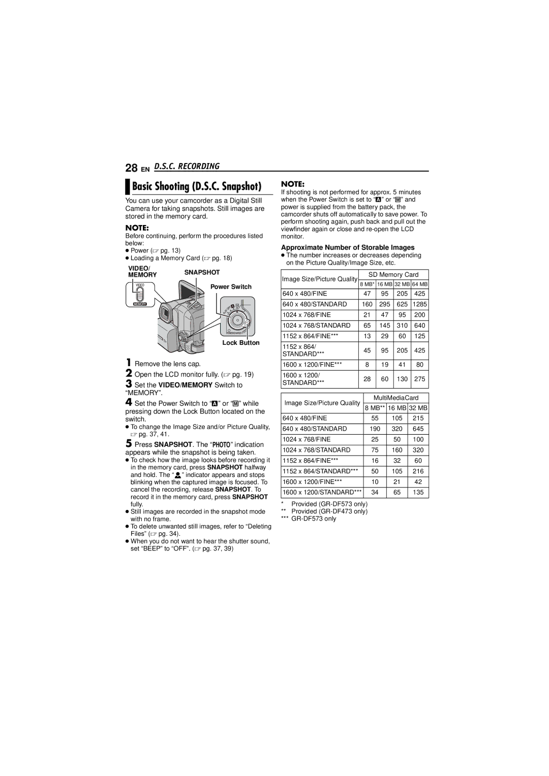 JVC GR-DF573, GR-DF473 EN D.S.C. Recording, Basic Shooting D.S.C. Snapshot, Approximate Number of Storable Images 