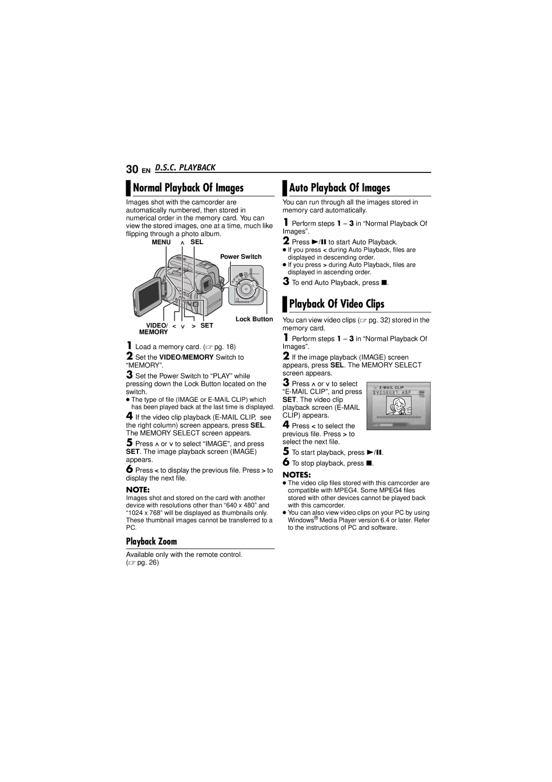 JVC GR-DF573, GR-DF473 Normal Playback Of Images, Playback Of Video Clips, EN D.S.C. Playback, Playback Zoom 