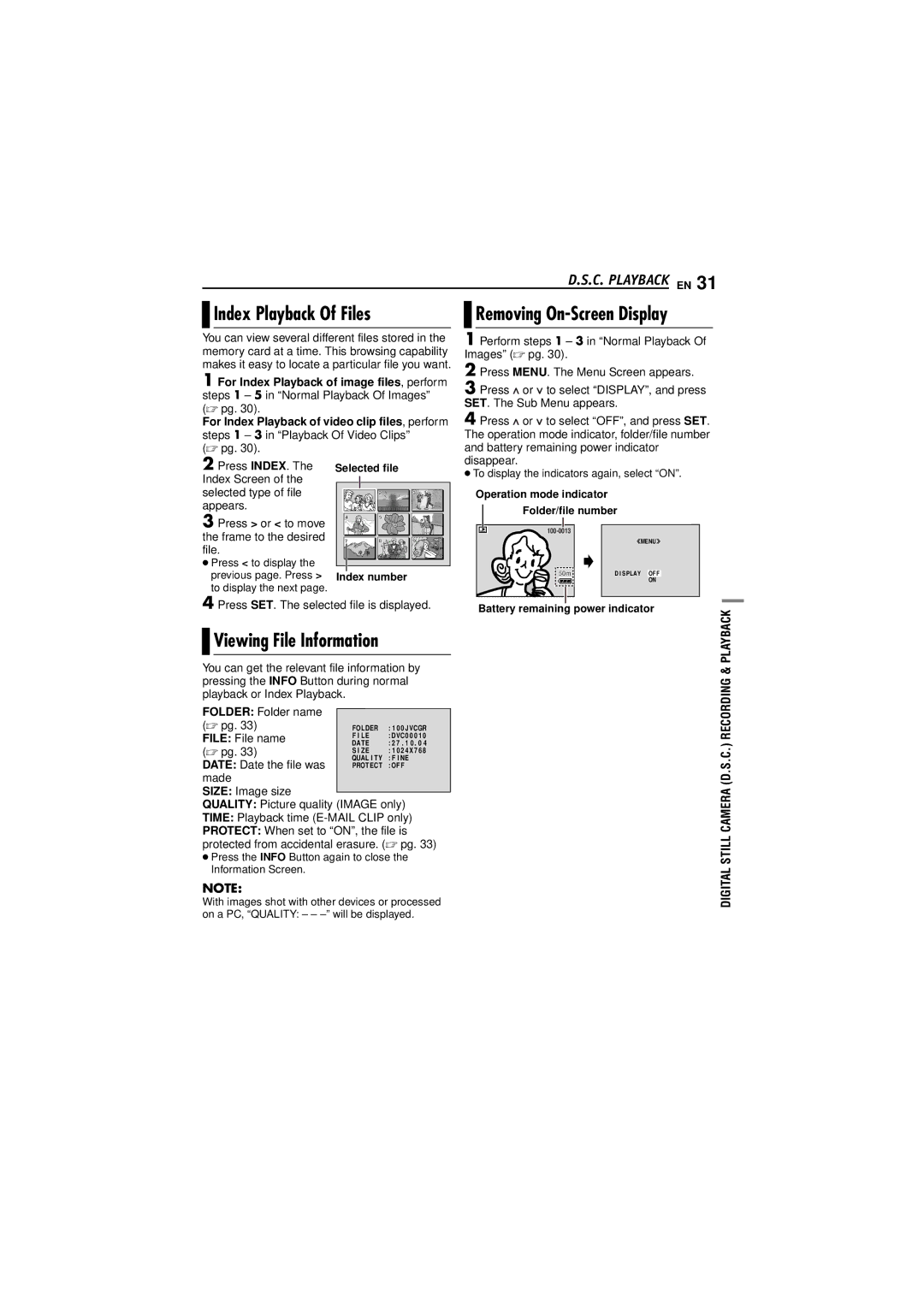 JVC GR-DF473 Index Playback Of Files, Removing On-Screen Display, Viewing File Information, Folder Folder name  pg 