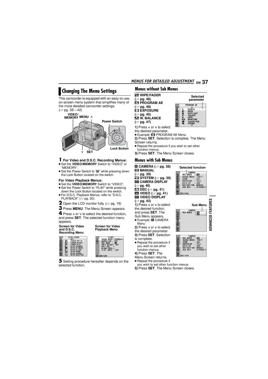 JVC GR-DF473 Menus without Sub Menus, Menus with Sub Menus, WIPE/FADER  pg Program AE  pg Exposure  pg Balance  pg 