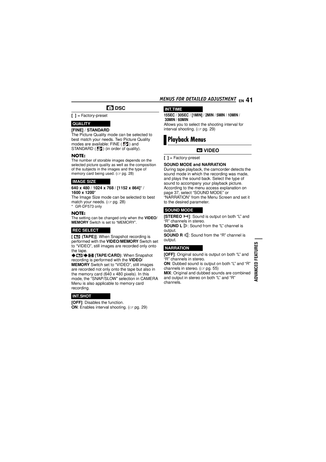 JVC GR-DF473, GR-DF573 instruction manual Playback Menus, Fine / Standard, Stereo, Sound L, Sound R 