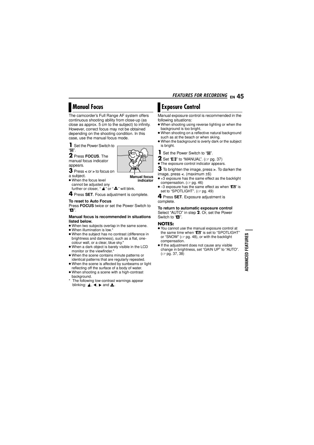 JVC GR-DF473, GR-DF573 Manual Focus, Exposure Control, To reset to Auto Focus, To return to automatic exposure control 