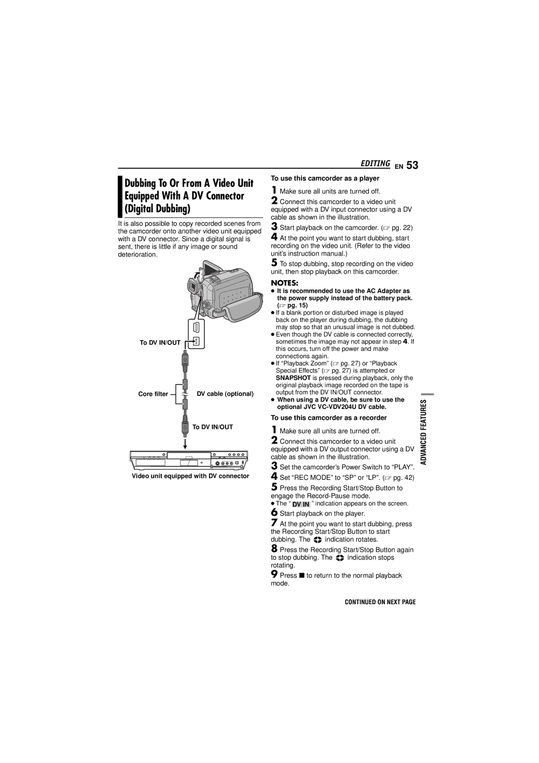 JVC GR-DF473 Digital Dubbing, Editing EN, Connect this camcorder to a video unit, Cable as shown in the illustration 