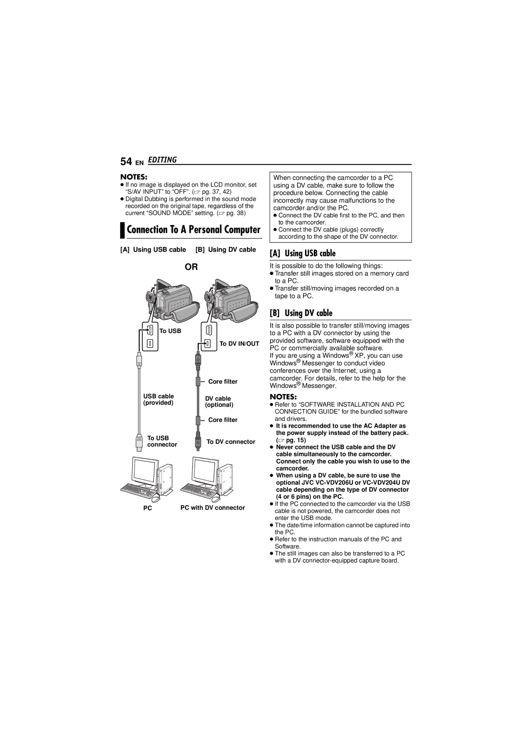 JVC GR-DF573, GR-DF473 instruction manual EN Editing, Using USB cable, Using DV cable, Connection To a Personal Computer 