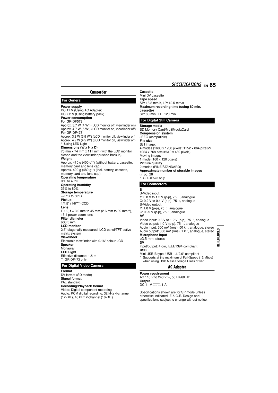 JVC GR-DF473, GR-DF573 instruction manual Specifications EN, CamcorderCassette, AC Adapter, Ø3.5 mm, stereo, References 