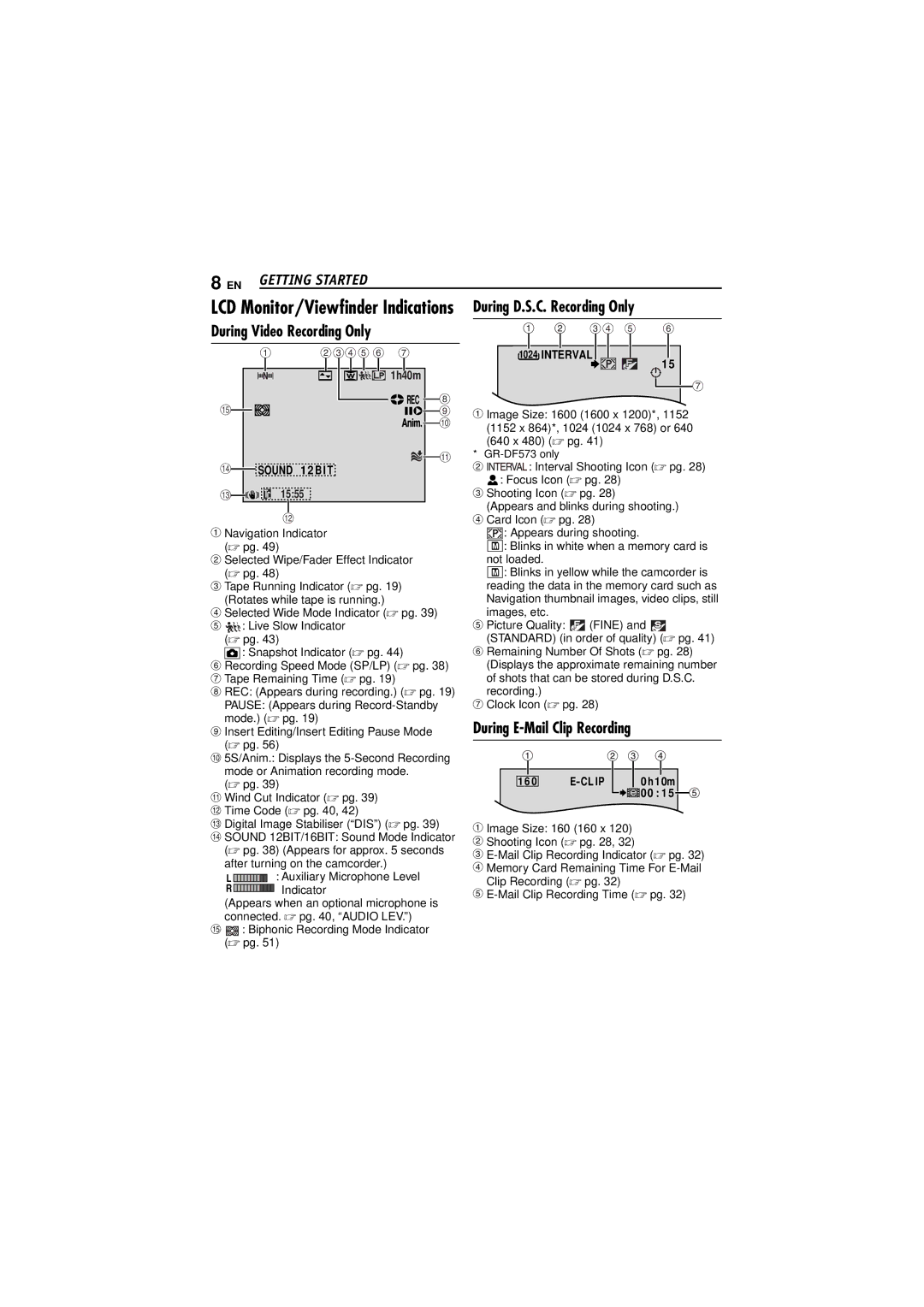 JVC GR-DF573, GR-DF473 During D.S.C. Recording Only, During E-Mail Clip Recording, Interval, Sound 12 B I T, Cl Ip 