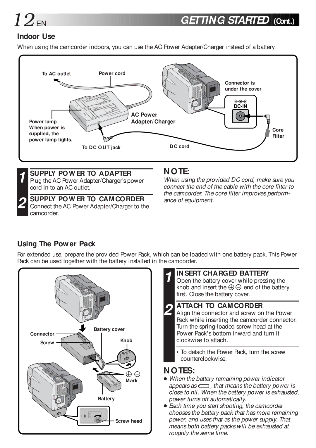 JVC GR-DLS1 manual 12 EN, Getting Started, Indoor Use, Using The Power Pack, Attach to Camcorder 