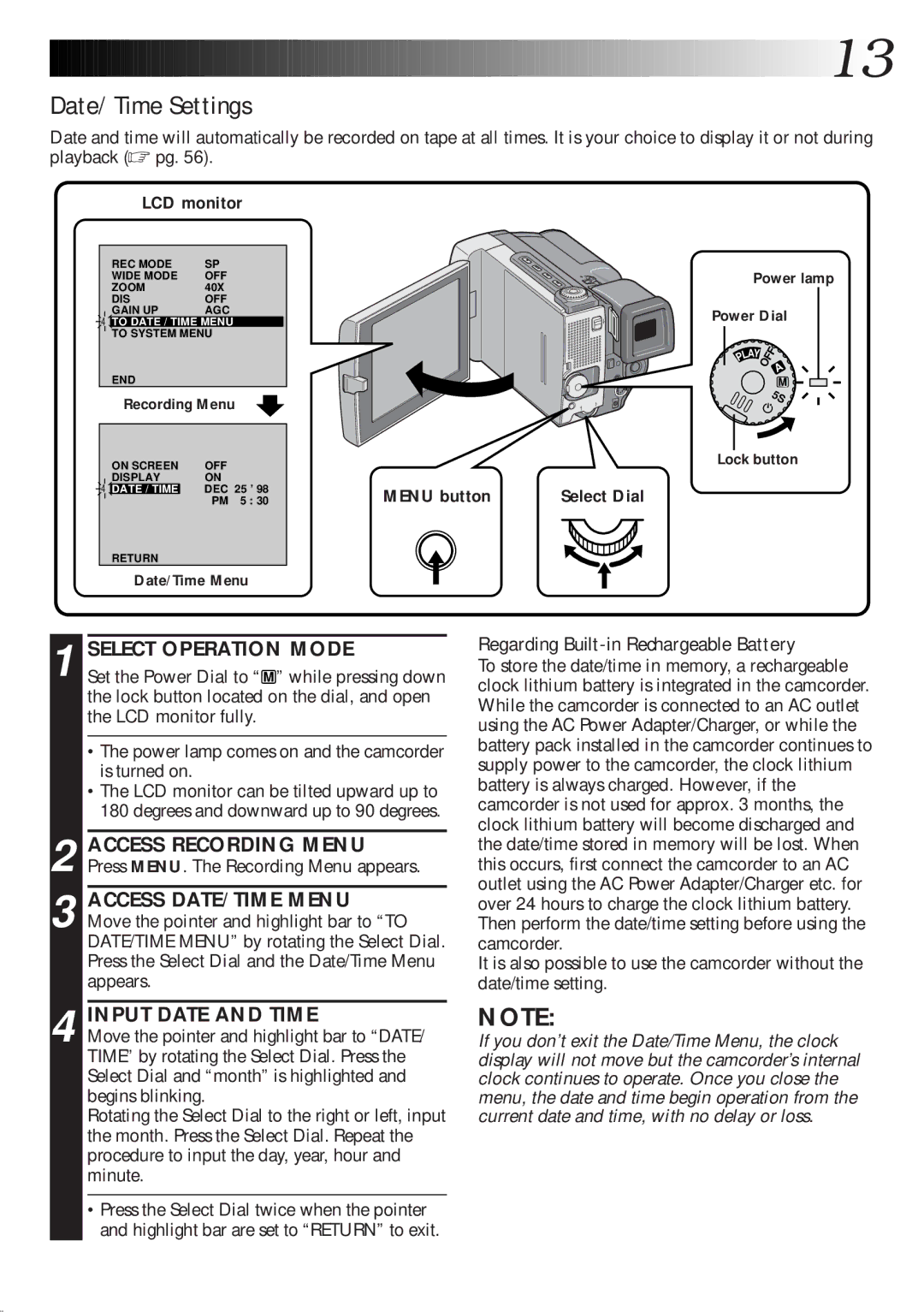 JVC GR-DLS1 manual Date/Time Settings, Select Operation Mode, Input Date and Time, LCD monitor, Menu button 