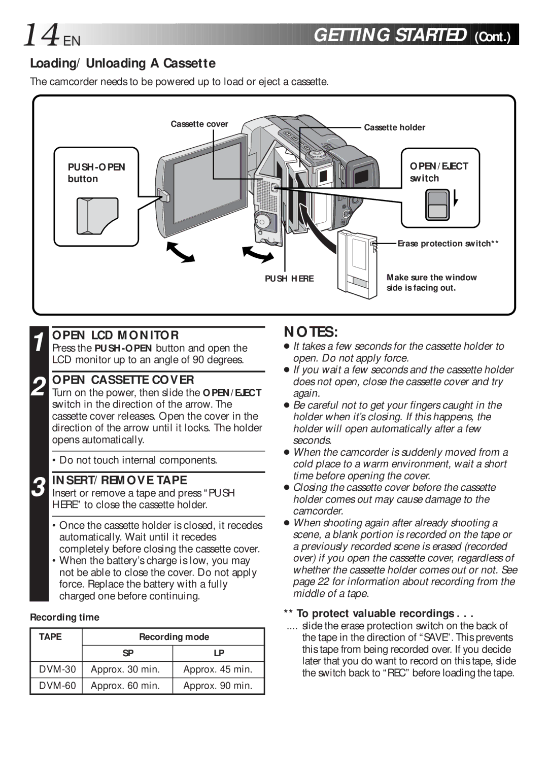 JVC GR-DLS1 manual 14 EN, Open LCD Monitor, Open Cassette Cover, INSERT/REMOVE Tape, To protect valuable recordings 