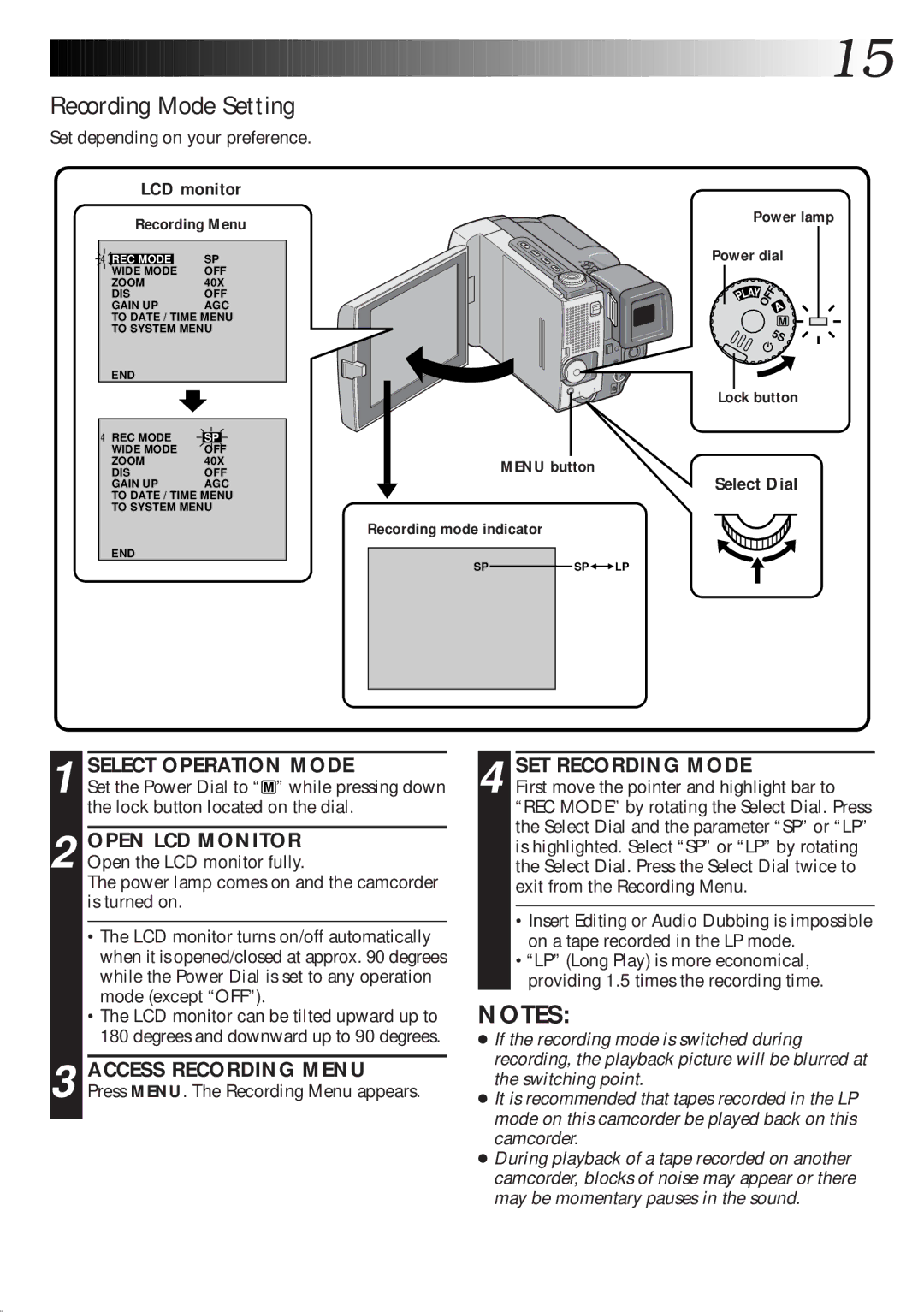 JVC GR-DLS1 manual Recording Mode Setting, SET Recording Mode, Set depending on your preference, Select Dial 