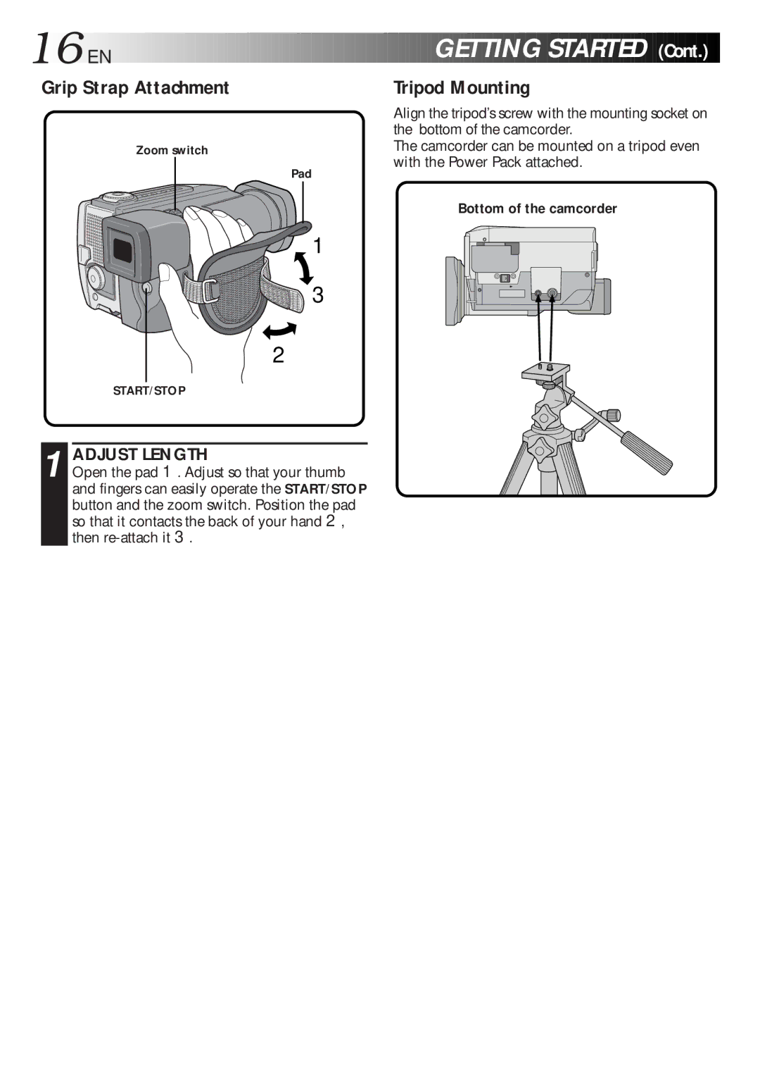 JVC GR-DLS1 manual 16 EN, Grip Strap Attachment, Tripod Mounting, Adjust Length, Bottom of the camcorder 