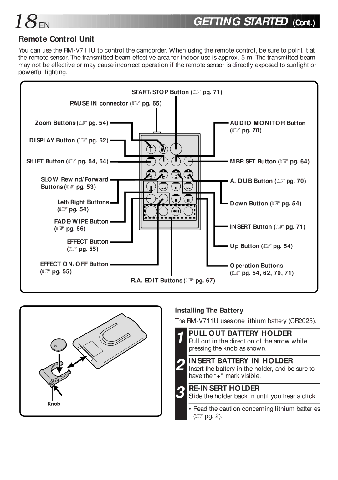 JVC GR-DLS1 manual EN Getting Started, Remote Control Unit, Installing The Battery, RE-INSERT Holder 