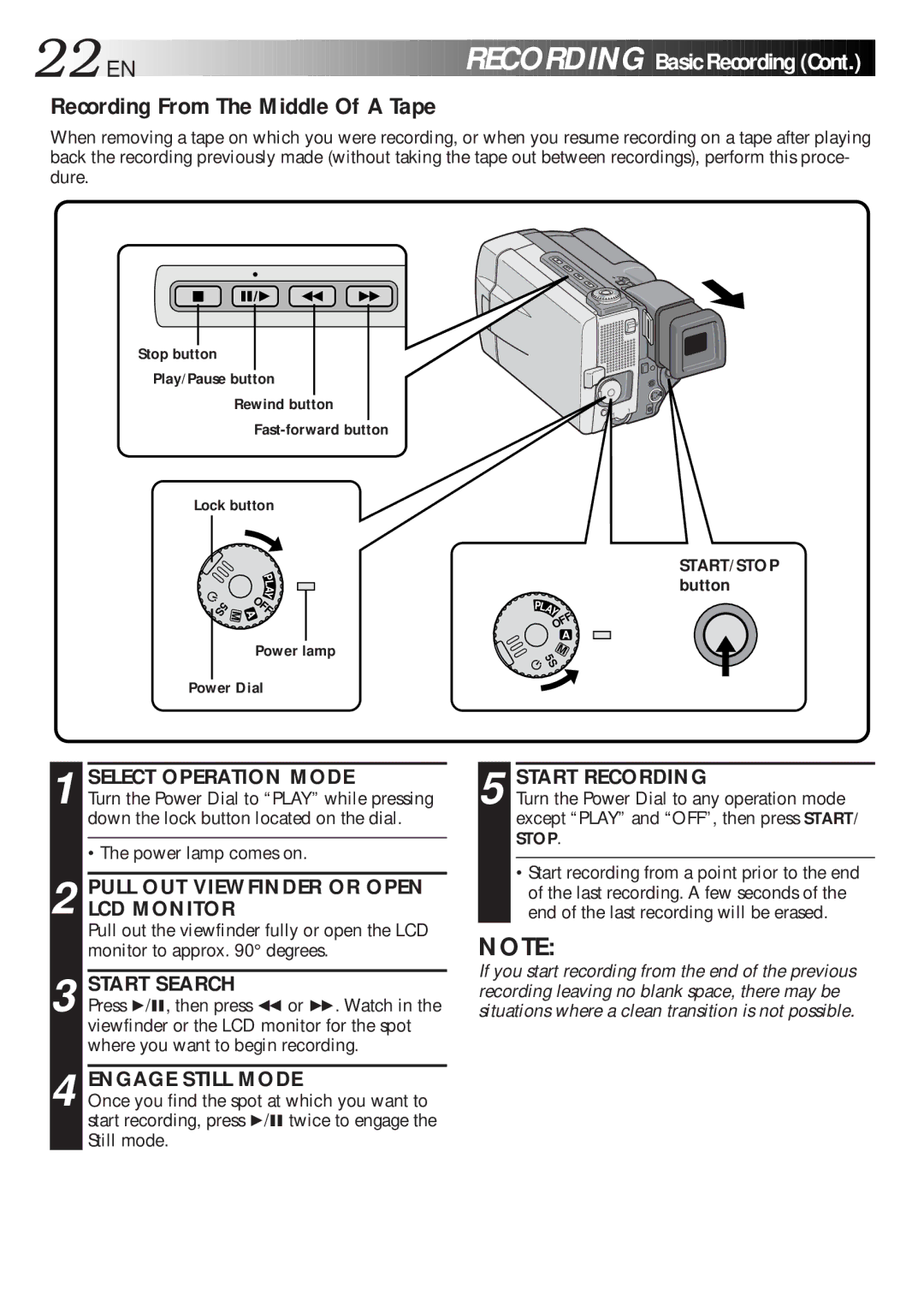 JVC GR-DLS1 manual Recording From The Middle Of a Tape, Start Search, Engage Still Mode, Power lamp comes on 