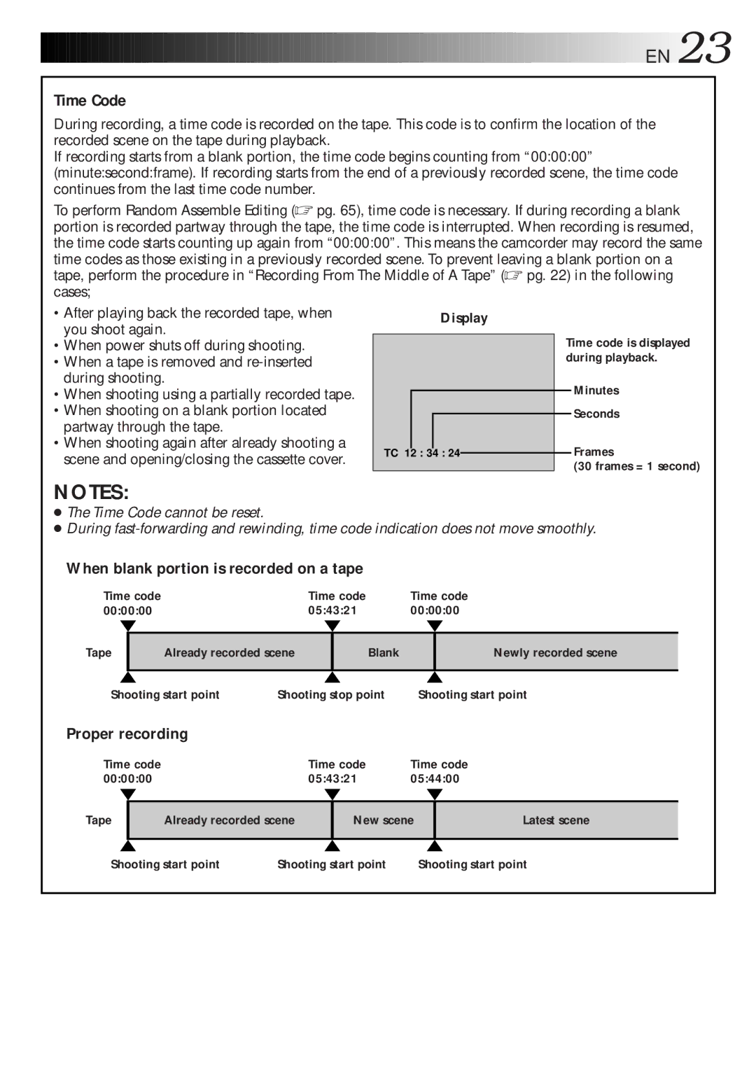 JVC GR-DLS1 manual Time Code, When blank portion is recorded on a tape, Proper recording, During shooting 