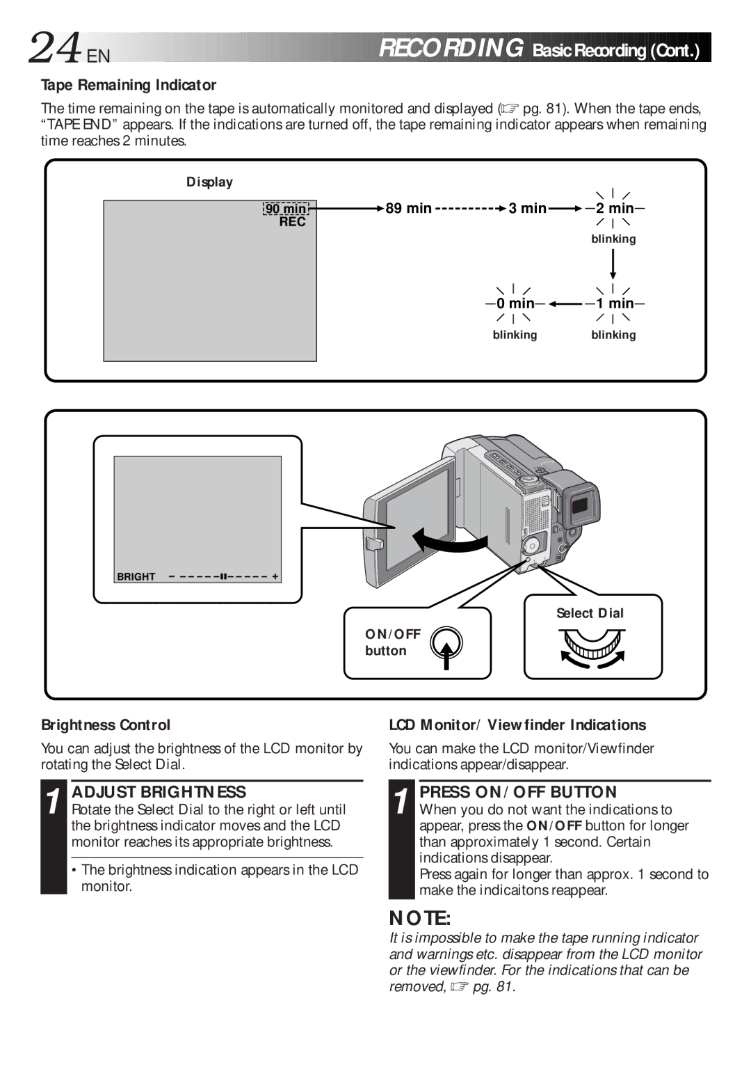 JVC GR-DLS1 manual 24 EN, Recording, Tape Remaining Indicator, Brightness Control, Adjust Brightness 