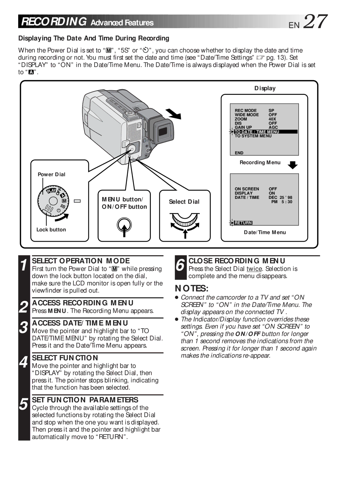 JVC GR-DLS1 manual Displaying The Date And Time During Recording, Select Function 