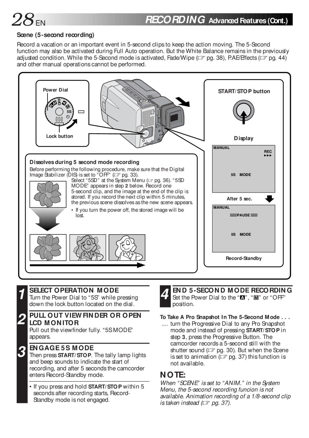 JVC GR-DLS1 Scene 5-second recording, Engage 5S Mode, Dissolves during 5 second mode recording, START/STOP button Display 