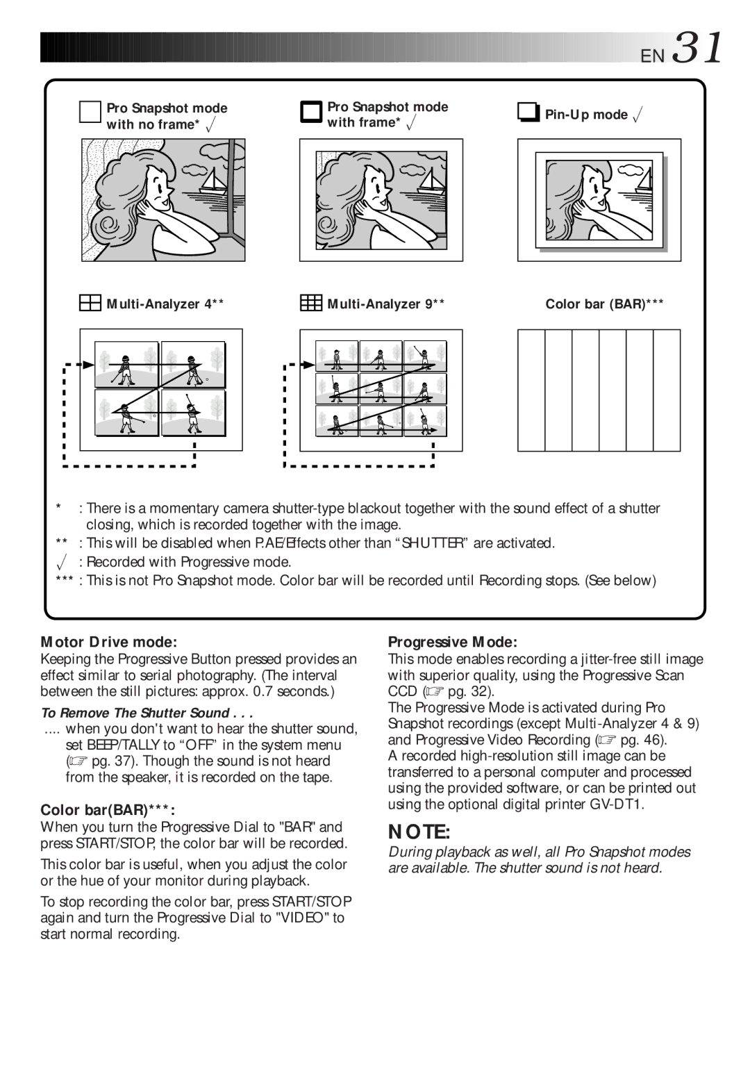 JVC GR-DLS1 Motor Drive mode, Color barBAR, Progressive Mode, Color bar BAR, When you dont want to hear the shutter sound 
