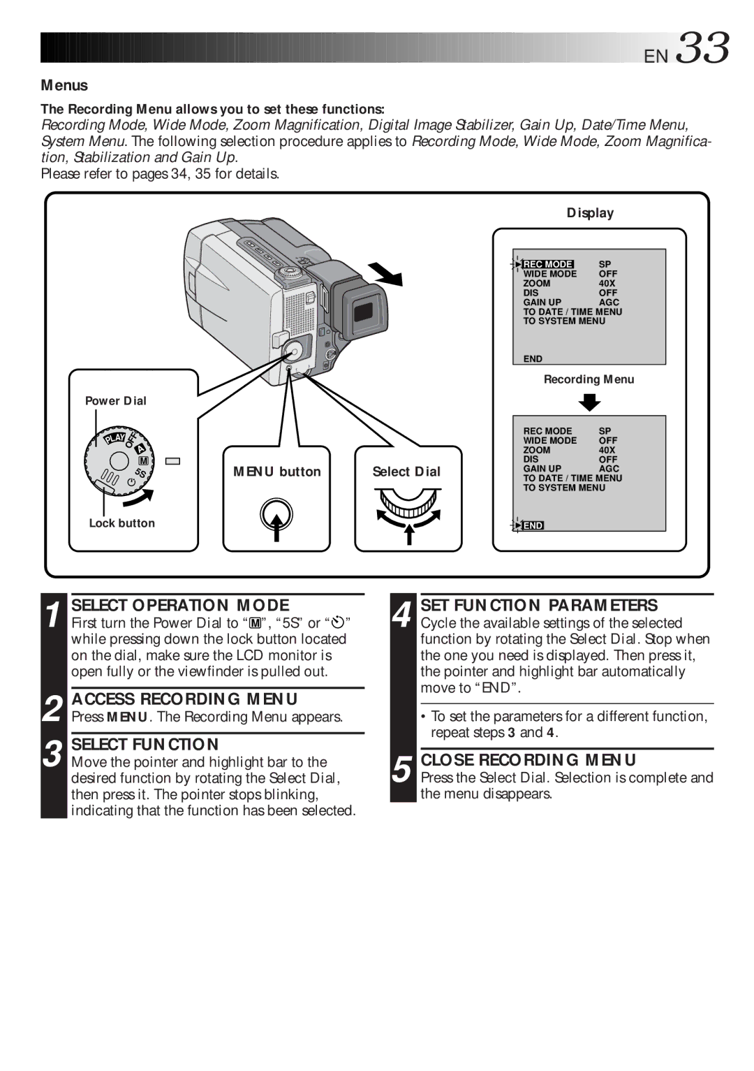 JVC GR-DLS1 manual Menus, Close Recording Menu, Recording Menu allows you to set these functions 