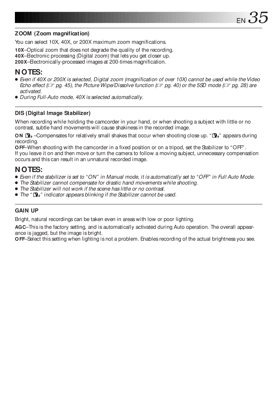 JVC GR-DLS1 manual Zoom Zoom magnification, DIS Digital Image Stabilizer 