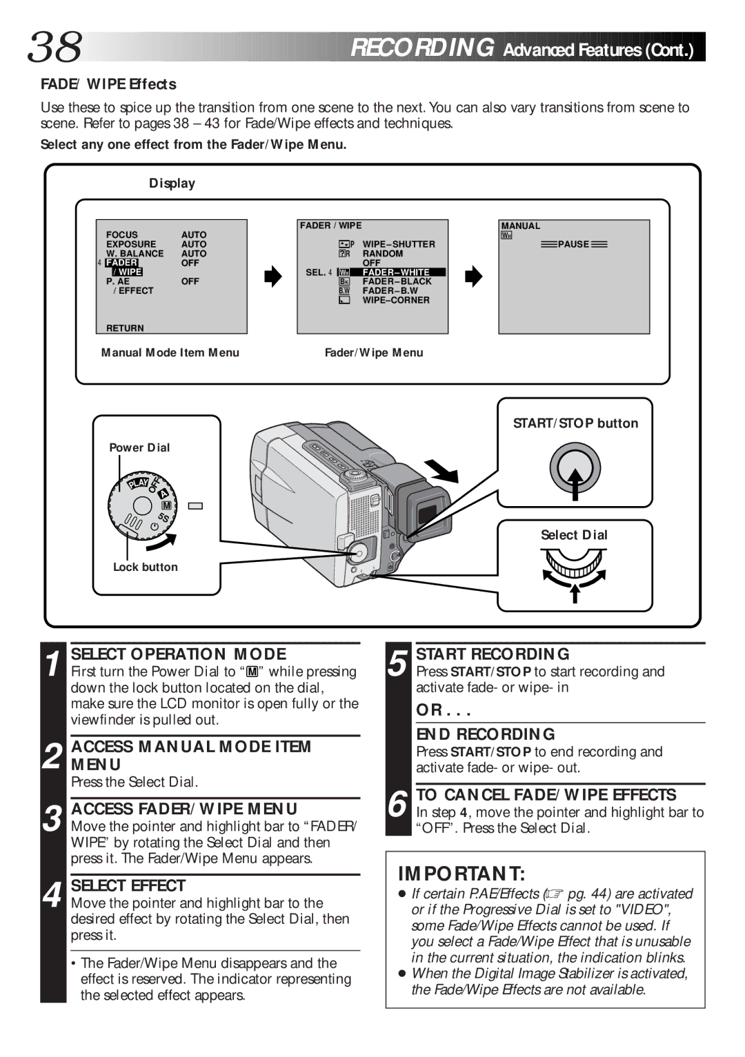 JVC GR-DLS1 manual 38 EN, FADE/WIPE Effects 