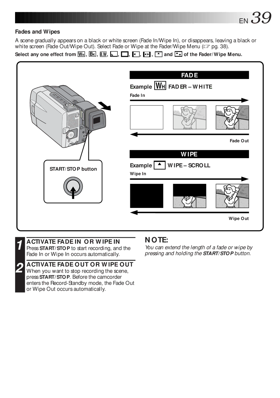 JVC GR-DLS1 manual Fades and Wipes, Fader White, Example Wipe Scroll, BK , B W Fader/Wipe Menu 