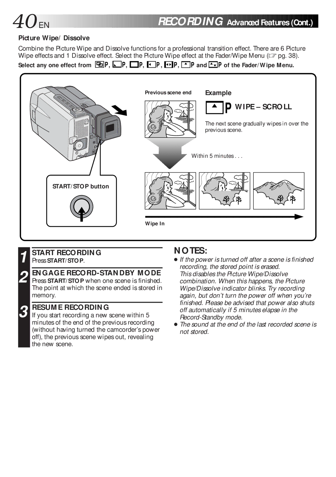 JVC GR-DLS1 manual 40 EN, Picture Wipe/Dissolve, Resume Recording, P and P of the Fader/Wipe Menu 