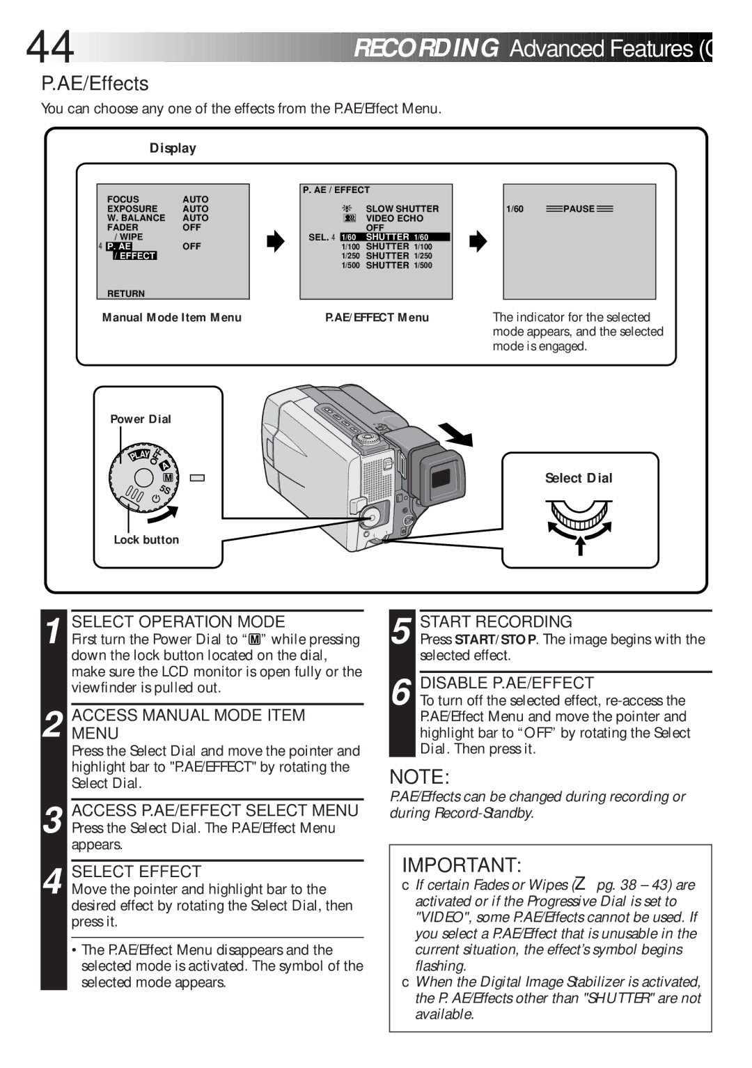 JVC GR-DLS1 manual 44 EN, AE/Effects, Disable P.AE/EFFECT, Press START/STOP. The image begins with the selected effect 