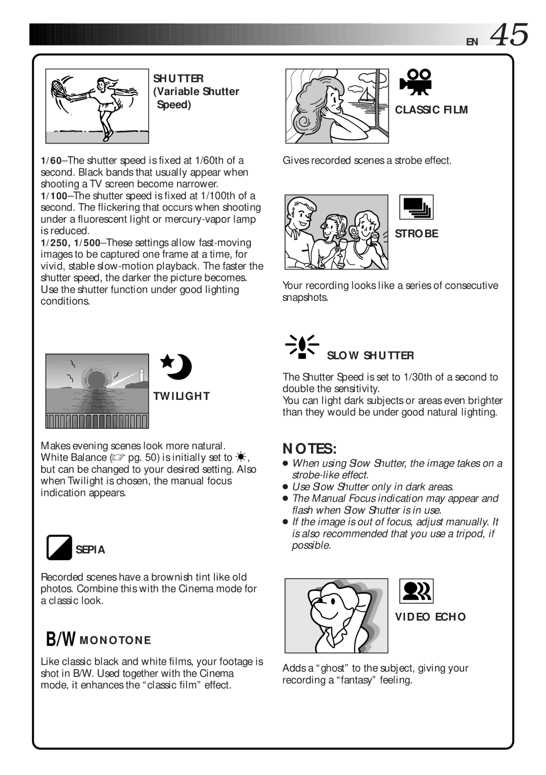 JVC GR-DLS1 manual Strobe, Twilight, Sepia, Monotone Slow Shutter, Video Echo 