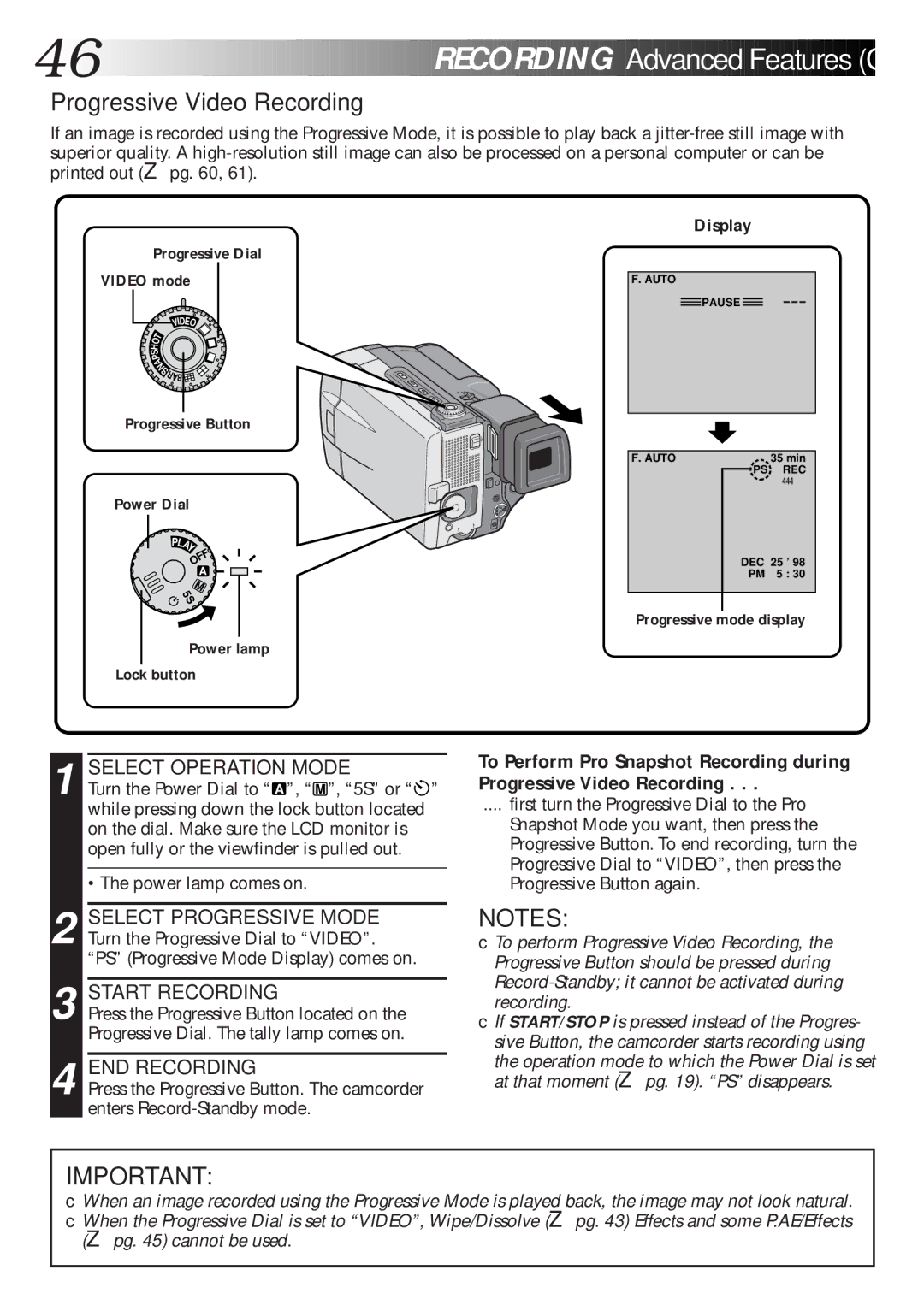 JVC GR-DLS1 manual Progressive Video Recording, END Recording 